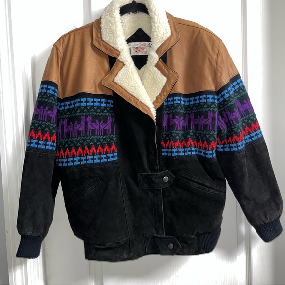 Adler Vintage Suede Leather Sherpa Aztec  Southwestern  Style Jacket - Picture 2 of 9